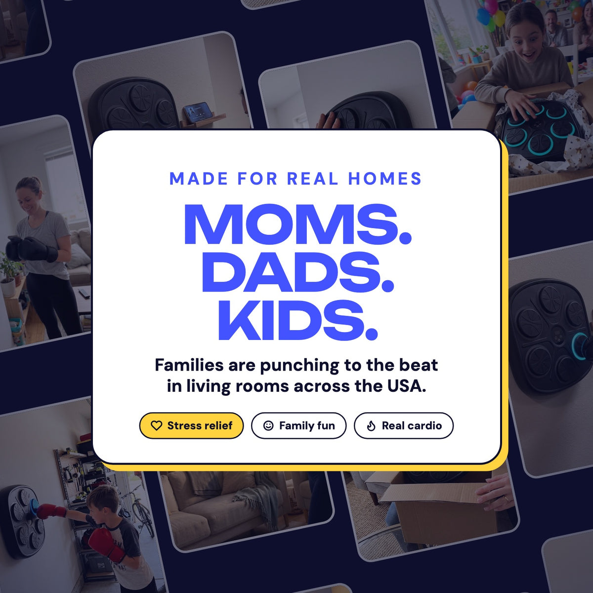 Moms, dads and kids punching to the beat at home